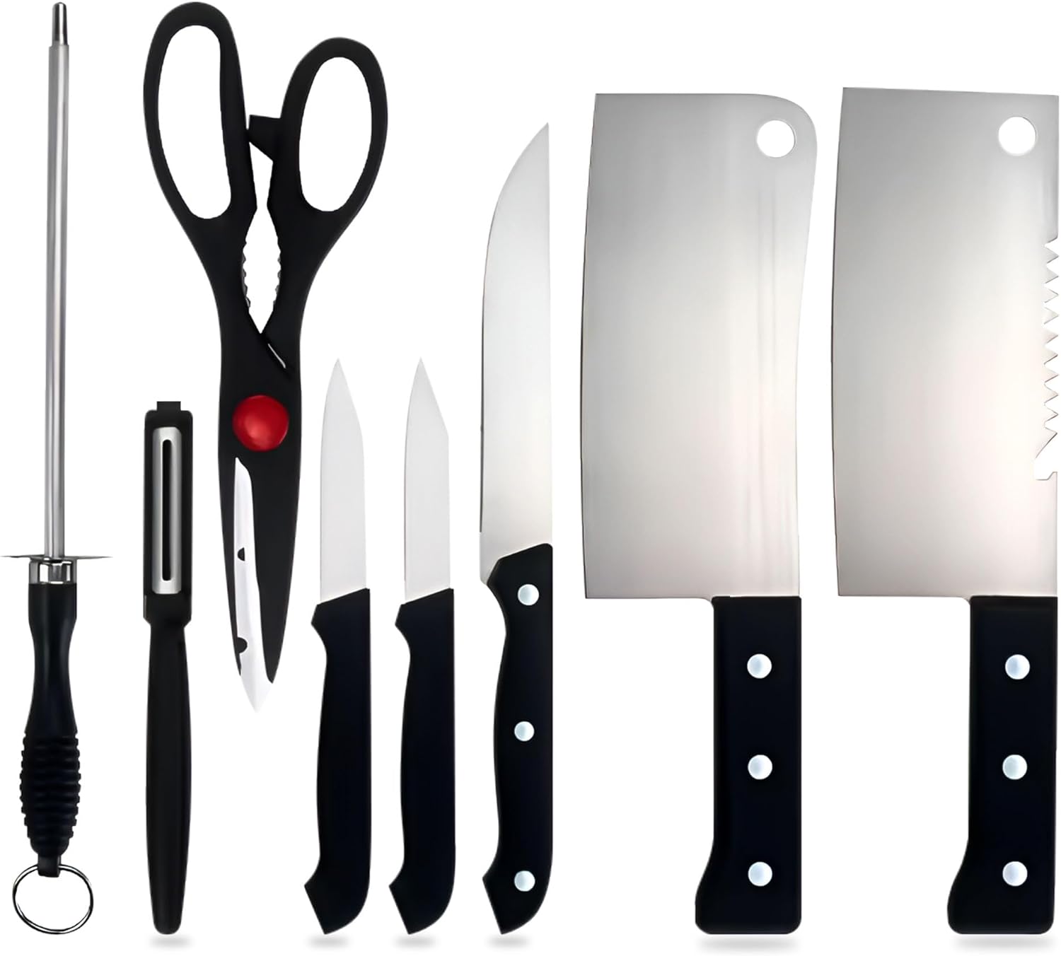 8 Piece Heavy Duty Knife Set Professional Chef Bread Vegetable Meat Bone Slicing Mince Chopping Cutting Utility Knives Sharpener Kitchen Essentials Scissors Rust-resistant Stainless Steel Home Camping